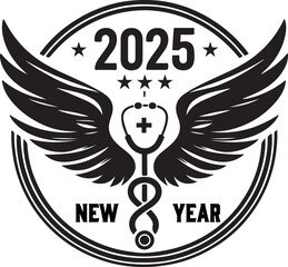 Happy New Year 2025 Medical Logo with Wings Silhouette Vector Design.