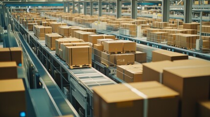 A cutting-edge distribution facility packed with meticulously arranged crates and packages, symbolizing the efficiency of global logistics, photography style