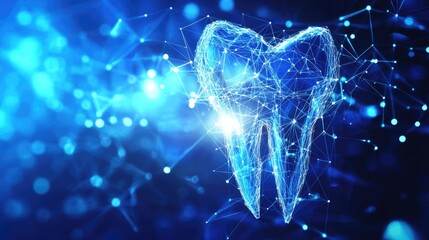 Abstract Tooth Hologram on Blue Digital Background with Glowing Dots and AI Connections