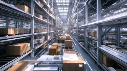 Fototapeta premium A cutting-edge distribution facility packed with meticulously arranged crates and packages, symbolizing the efficiency of global logistics, photography style
