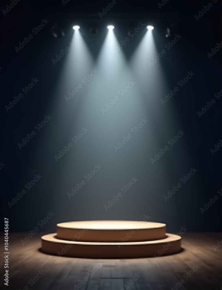 Aufkleber Spotlights shine on an empty stage with a raised platform at center.