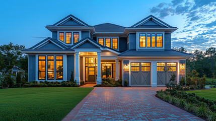 Beautiful two-story new construction home with a front view at dusk, perfectly lit by the lights inside and on each side of the garage door.