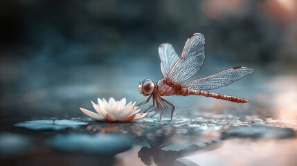 Dragonfly rests on a lotus in a serene, reflective water scene