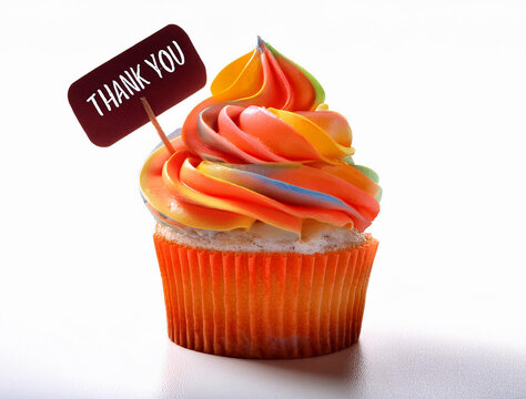 Orange Rainbow cupcakes with frosting, Rainbow birthday cupcakes with confetti, birthday party, baby shower celebration cakes with thank you tag, thanks