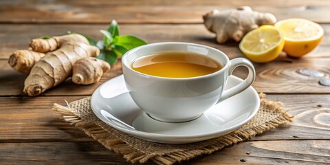Warm Ginger Tea with Lemon, White Cup, Wooden Background, ginger tea, lemon tea, healthy drink