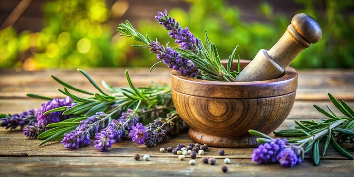 Wooden Mortar and Pestle with Lavender and Rosemary, Herbal Medicine, Natural Remedy, Aromatherapy, Essential Oils