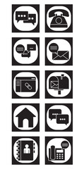 Set of black color phone and cell phone contact vector icons on white background