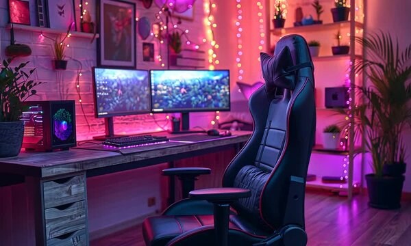 A black leather gaming chair with red stitching sits in front of a desk with two computer monitors, a keyboard, and a mouse in a room decorated with pink fairy lights.