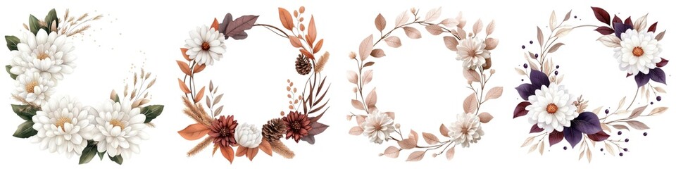 Fototapeta premium Beautiful floral wreaths with various colorful elements, white isolate background.