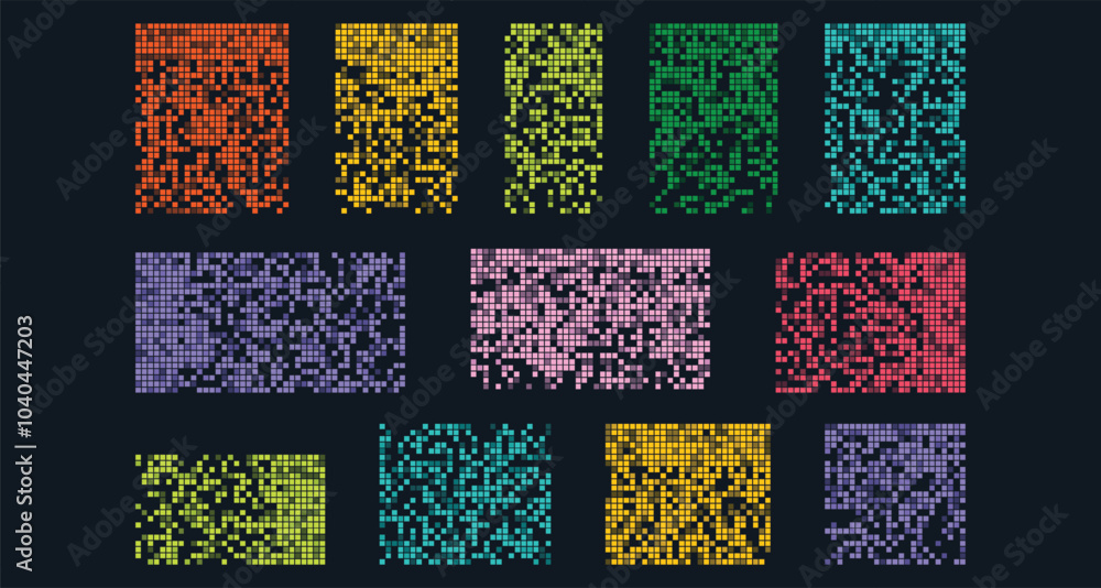 Aufkleber pixel disintegration on dark backgrounds. dispersed dotted pattern. retro 8 bit game effect. mosaic 