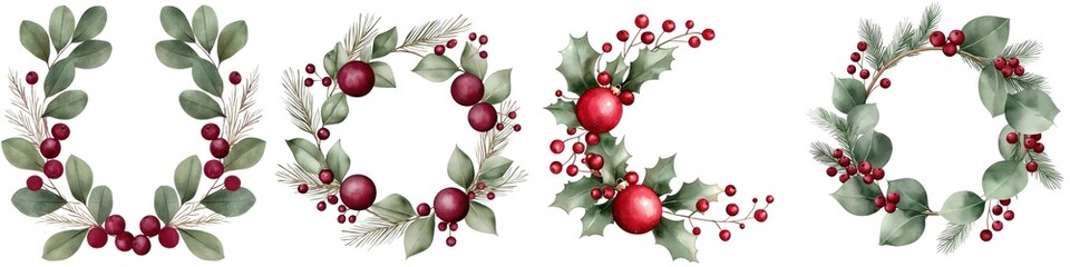 Christmas wreaths with red berries and green leaves on a white background.