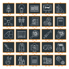 set of chemistry lab vector icons in white lines with black background