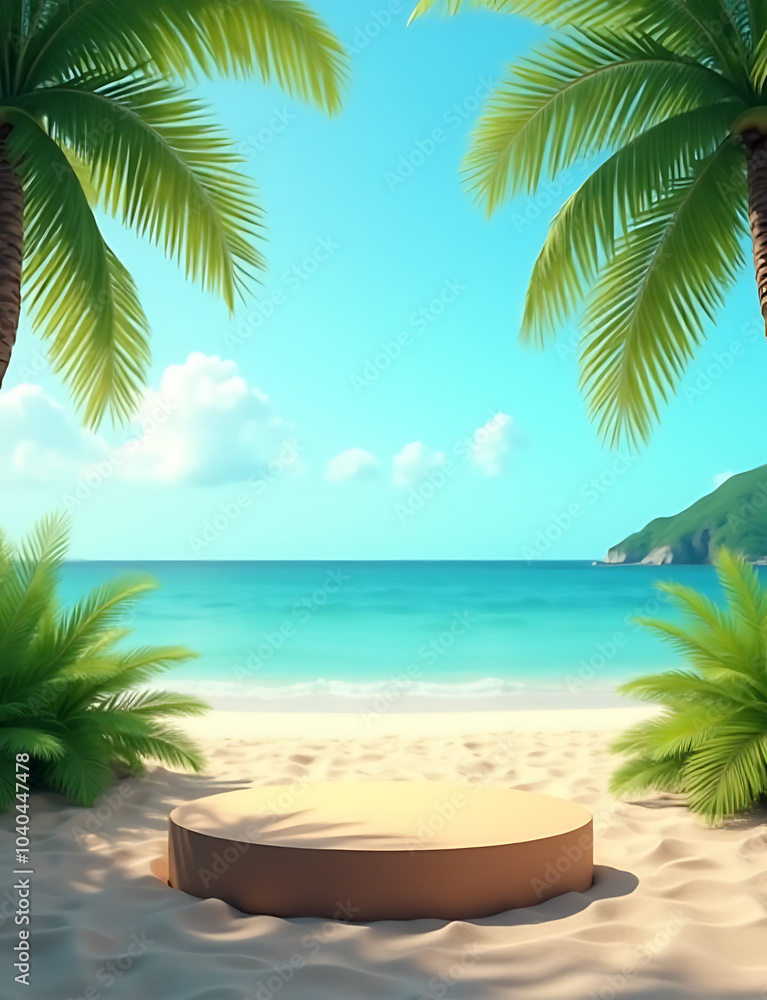Poster tropical beach background features a podium for product display at summer.
