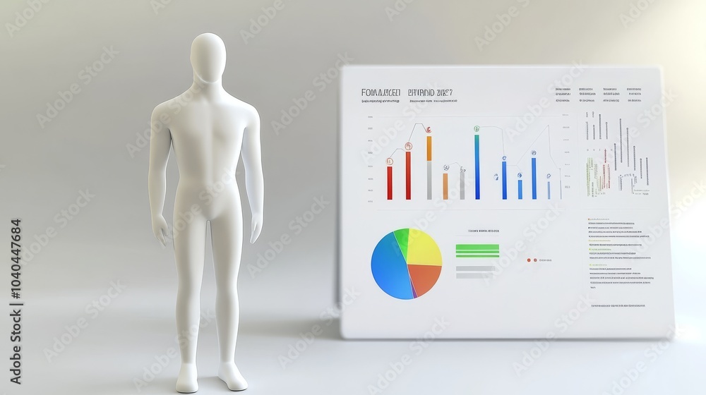 Poster a 3d figure standing next to colorful data visualizations showcasing business statistics and analyti