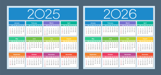 Colorful calendar for 2025 and 2026 years. Week starts on Sunday. Isolated vector illustration.