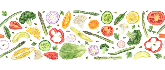 Fresh vegetable slices and greens watercolor seamless horizontal border. Organic tomato, onion, cucumber, broccoli, cauliflower, asparagus, beans with seeds, salad leaves print. For food package