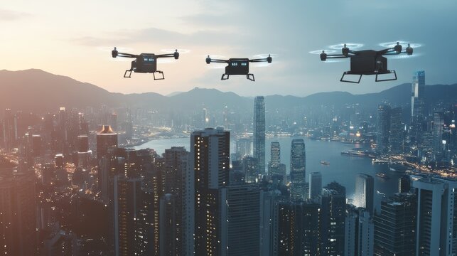 Robotic delivery drones in an urban logistics network, cityscape with delivery drones and recipients, High-tech style