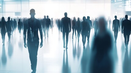 A blurred crowd of people walking in a modern urban environment, creating a sense of movement and dynamic energy.