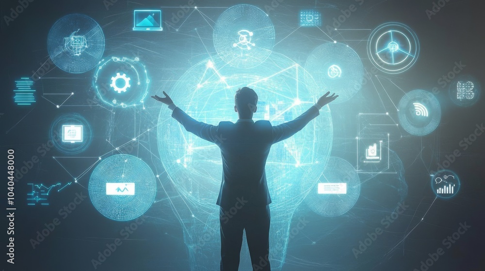 Aufkleber a business professional interacts with futuristic digital data and technology, symbolizing innovatio