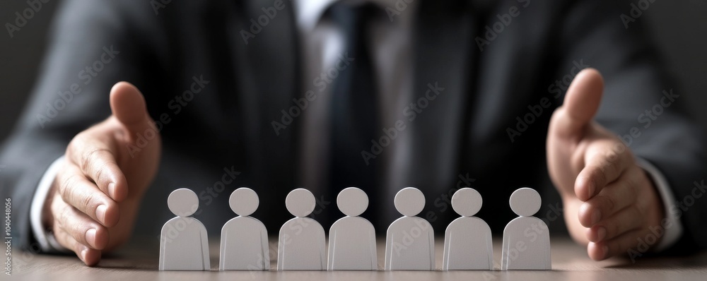 Poster a business professional presenting a visionary approach with paper figures representing teamwork and