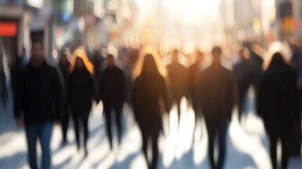 A bustling city scene with blurred figures walking in sunlight, capturing the essence of urban life and movement.
