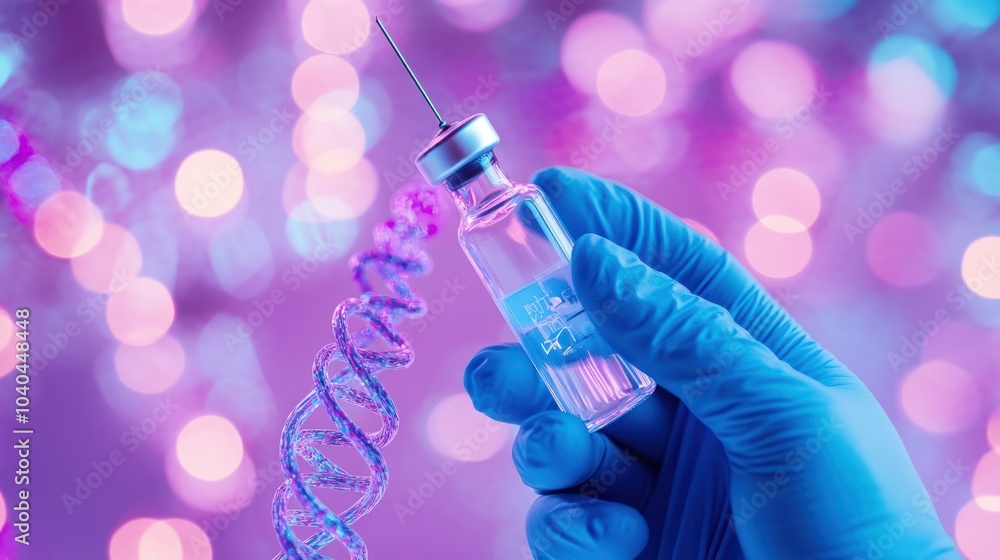 Aufkleber gloved hand holding a vial with a dna helix in front of a blurred background