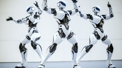 Robotic entertainers performing futuristic dance routines at a technology-themed amusement park, entertainment venue with robotic performers, Futuristic Entertainment style