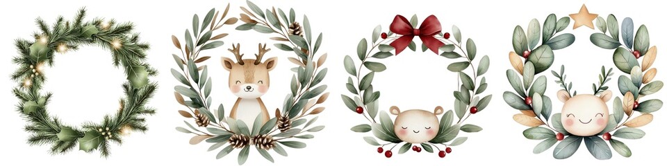 Cute animal wreaths with festive designs on a white isolated background.