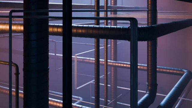 Industrial Piping Network with Atmospheric Blue and Orange Light