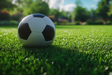 Fototapeta premium Soccer field grass with a soccer ball, soft focus, dreamy atmosphere, natural light, detailed texture, romantic style, closeup shot