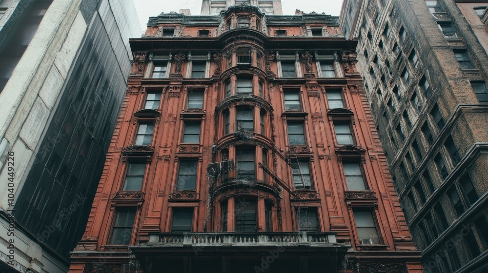 Poster A red brick building with ornate details and rows of windows