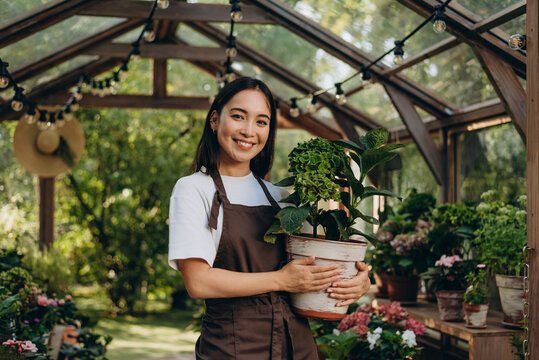 Pleased lady botanist looking positive after growing blooming plant while working at local shop