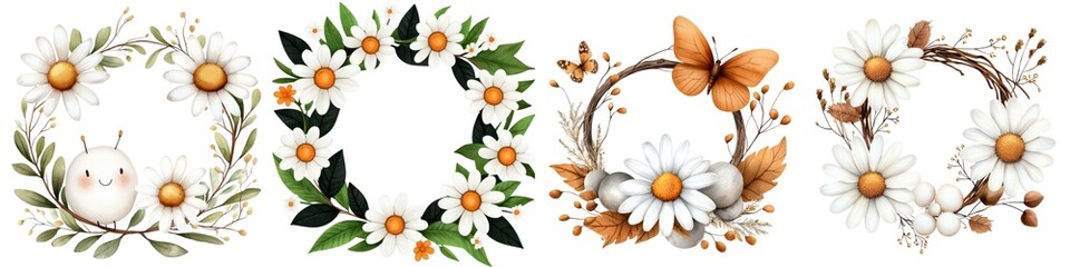 Fototapeta premium Floral wreaths with daisies and butterflies on a white isolated background.