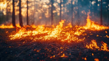 A forest fire is burning in the woods. The fire is very large and is spreading quickly. The sky is orange and the sun is setting