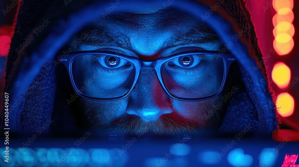 Aufkleber a man with glasses is looking at a computer screen. the image has a moody and mysterious feel to it,