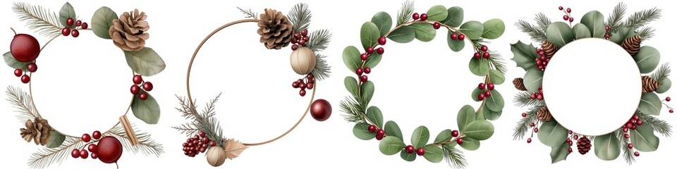 Four beautiful decorative wreaths with pinecones and berries, white isolate background.