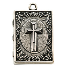 Silver metal bracelet chain bible shape charm, handmade fashion jewelry craft object element - isolated on white background.