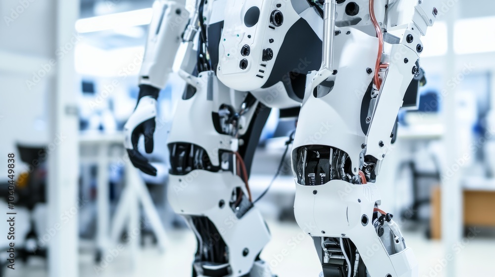 Poster Robotic exoskeleton development lab, advanced workshop with robotic suits and testing rigs, Innovative style