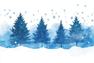 Fototapeta premium Christmas background with snowflakes and pine trees on a blue watercolor paper texture Generative AI