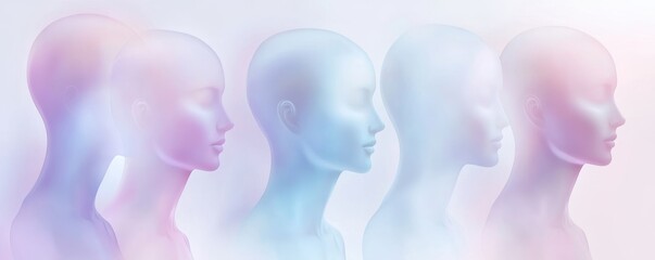 A collection of abstract mannequin heads in soft pastel colors, showcasing a modern artistic design and a serene aesthetic.