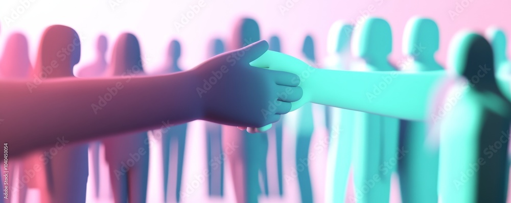 Poster a colorful abstract representation of two hands reaching out for connection among a crowd, symbolizi