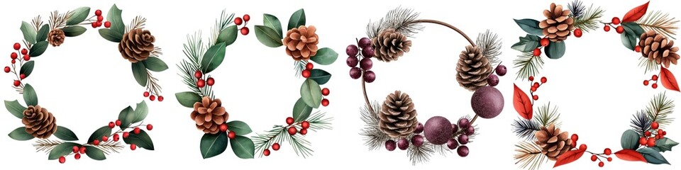 Four decorative floral wreaths with pinecones and berries on a white isolated background.