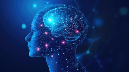 Abstract Human Head Profile with Neural Connections on Blue Background