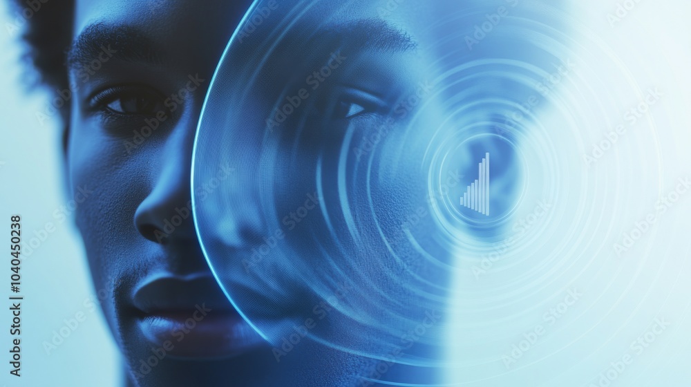 Poster a conceptual image showing a man's face merged with digital patterns, symbolizing technology and hum