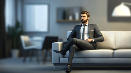A confident businessman sitting on a sofa in a modern office setting, exuding professionalism and focus.