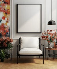 Blank white poster mockup on a colorful wall in a creative artist studio surrounded by painting supplies. 3d rendering