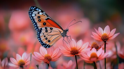 A butterfly is flying over a field of pink flowers. Concept of freedom and beauty, as the butterfly gracefully moves through the air, surrounded by the vibrant colors of the flowers