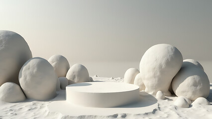 White stone podium features a rock abstract design with natural elements and subtle beauty for a cosmic landscape stage.
