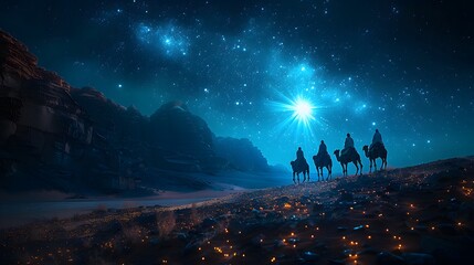 A cinematic view of astrologers on camels traveling beneath a glowing eastern star, the star illuminating the desert dunes with a soft glow, the night sky filled with stars,