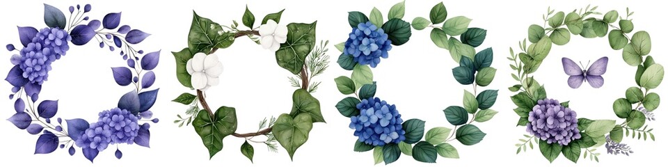 Four floral wreath designs with vibrant blue and green leaves, white isolate background.